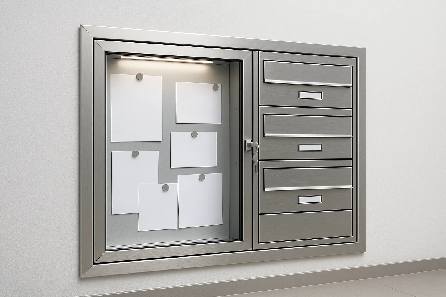 Gablota ogłoszeniowa podtynkowa z drzwiami uchylnymi integrowana ze skrytkami pocztowymi